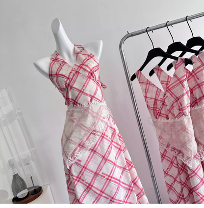 Red White Grid French A Line Vacation Dress Birthday Dress YM2081