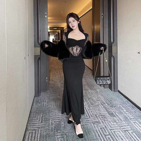 Sexy Black Lace Long-Sleeved Sheath Long Party Dress Holiday Dress  YM2260