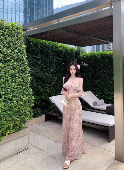 One-shoulder French Floral Tea Dress For Women, Summer Vacation, Beautiful Temperament Dress YM2106