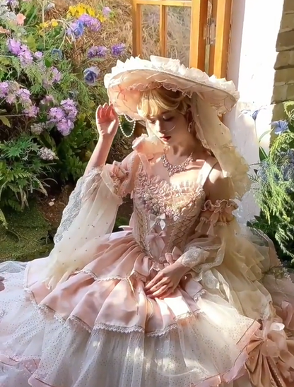 Pretty Pink Lolita Satin Lace Evening Dress Birthday Party Dress Ball Gown YM2137