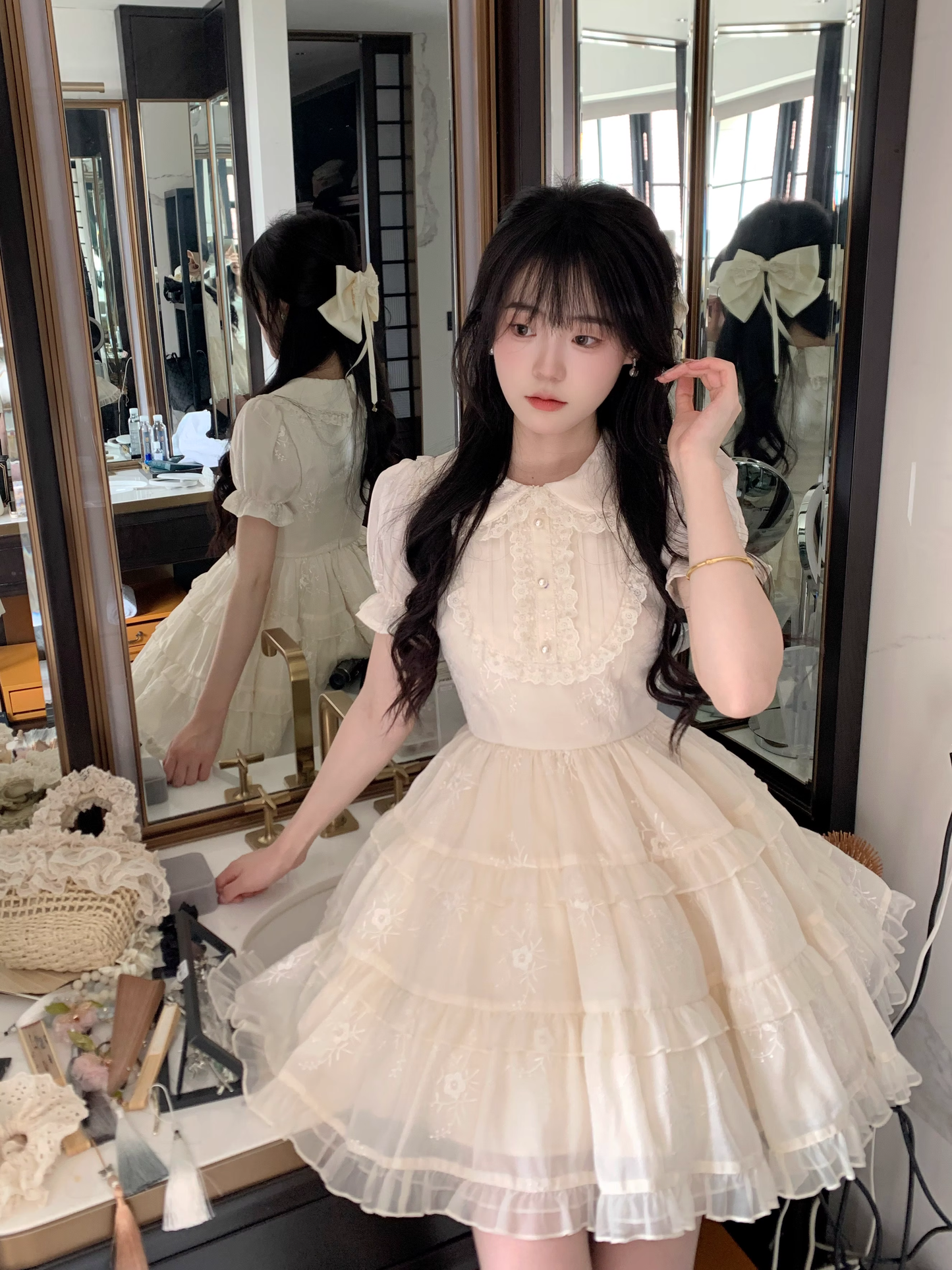 Sweet Apricot And Age-Reducing Doll Collar Pearl Lace Cake Dress Princess Dress YM2030
