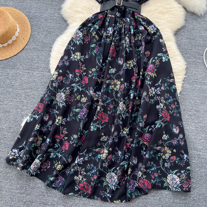 Short sleeve printed vintage chiffon dress  YM1093