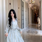 Elegant Blue Tie-Dye Lace V-Neck Long-Sleeve Party Dress Birthday Outfits YM2049