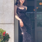 Sexy red velvet sequined v-neck straps dress mermaid evening dress YM1965
