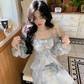 Blue Chiffon Butterfly Gold Foil Ruffle Long Sleeve Party Dress YM2025