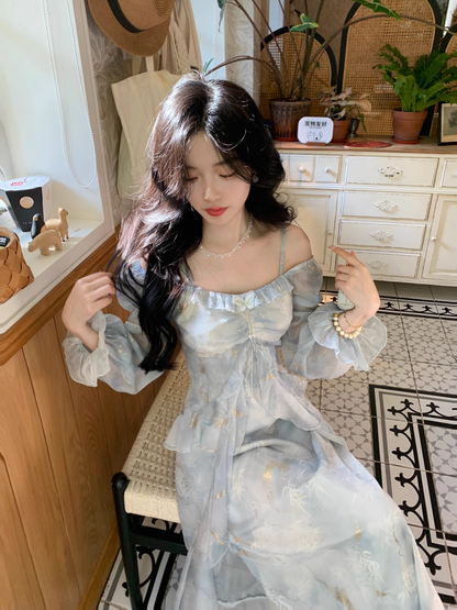 Blue Chiffon Butterfly Gold Foil Ruffle Long Sleeve Party Dress YM2025