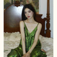 Green V-neck suspender dress YM1482