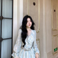 Elegant Blue Tie-Dye Lace V-Neck Long-Sleeve Party Dress Birthday Outfits YM2049