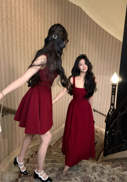 Red U-Neck Suspender Birthday Dress Long A Line Party Dress  YM2055