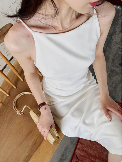 White suspender dress women's sleeveless long white prom dress YM1948