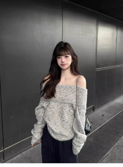 Gray Off-shoulder Pullover Sweater YM2398