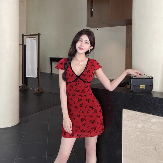 Vintage Red Short Sleeves Print Floral Sheath Short Birthday Dress Vacation Dress YM2231