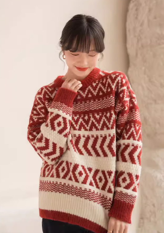 Retro Red New Year Sweater, Thick Christmas-style color-blocked Knitwear YM2417