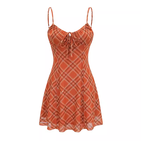women's summer orange plaid suspender dress YM1287