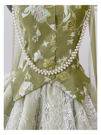 Green Spaghetti Straps Lace Satin Hoco Dress Temperament Birthday Dress YM2118