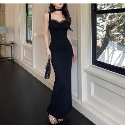 Black Lace Suspender Women Dress New Sexy Long Holiday Dress YM2257