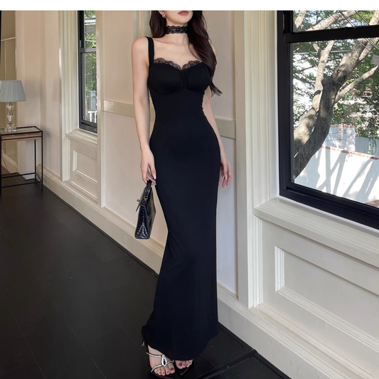 Black Lace Suspender Women Dress New Sexy Long Holiday Dress YM2257