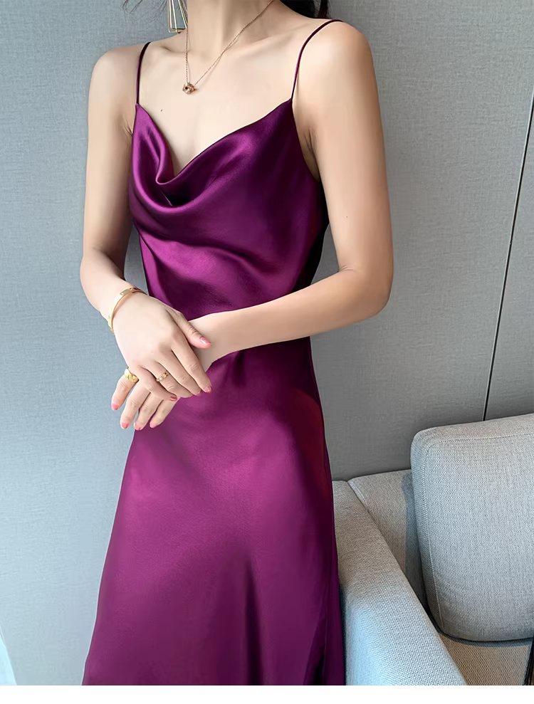 Pretty Purple Spaghetti Straps Satin Long Birthday Party Dress YM2441