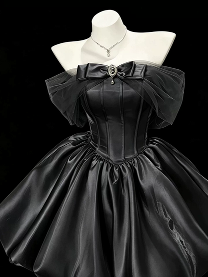 Classy Black Bow Off The Shoulder Satin A Line Short Prom Dress Mini Birthday Dress YM2462