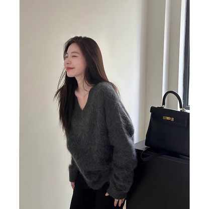 Women's gray V-neck sweater YM1889