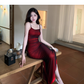 Vintage Sexy Red Sheath Prom Dress,Spaghetti Straps Birthday Party Dress YM2021