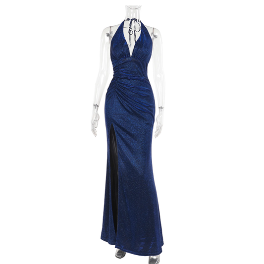 Sexy Halter V Neck Blue High Slit Birthday Party Dress Long Vacation Dress YM2214