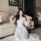 Blue French Square Neck Long Dress Fairy Glossy  Party Dress Prom Dress YM2028