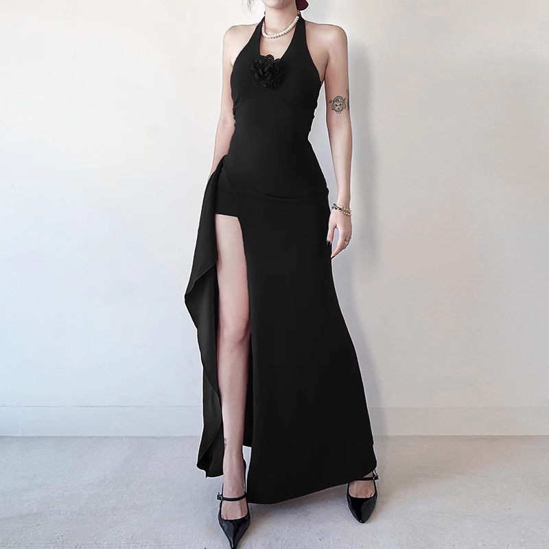 Red Halter V-neck Party Dress Sexy Slit Sheath Long Vacation Dress YM2208