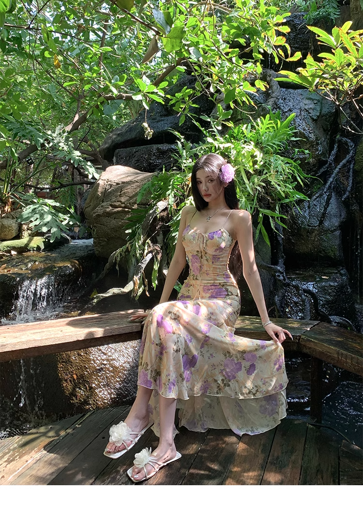 Classy Straps Print Floral Mermaid Prom Dress Long Party Dress YM1989
