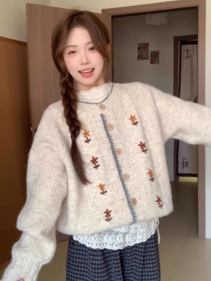 Round Neck Flower Embroidered Cardigan Sweater Jacket YM2393
