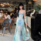 Charming Spaghetti Straps Smudge Dyed Print Mermaid Prom Dress Long Evening Dress YM1992