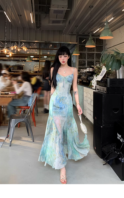 Charming Spaghetti Straps Smudge Dyed Print Mermaid Prom Dress Long Evening Dress YM1992