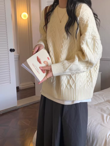 New Year Red Sweater Retro Cable Knit Crew Neck Pullover Knit Sweater YM2423
