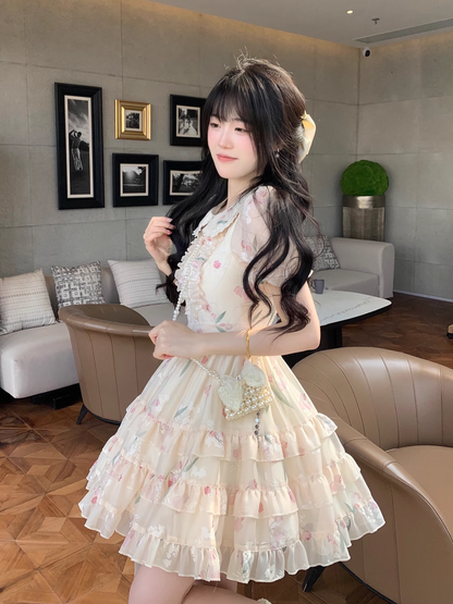 Sweet Tulip Print Baby Doll Neck Multi-Level Skirt Dress YM2032