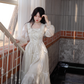 Apricot French Square Neck Long Dress Fairy Glossy  Party Dress Prom Dress YM2026