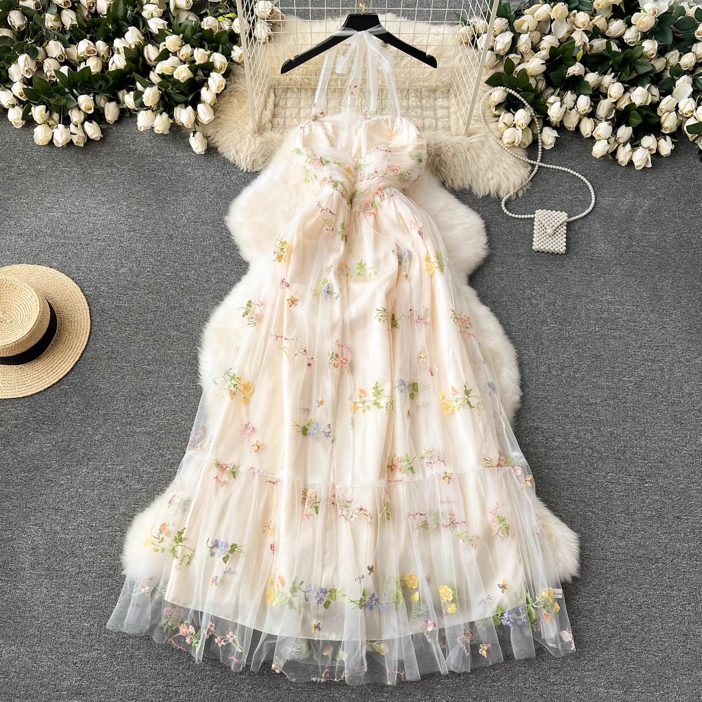 Embroidered mesh dress sexy tube long halter neck suspender dress for women YM1130
