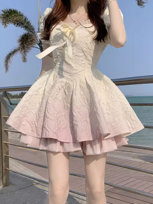 Gradient Square Neck Puff Sleeve Dress Princess Tutu Short Birthday Dress YM2323