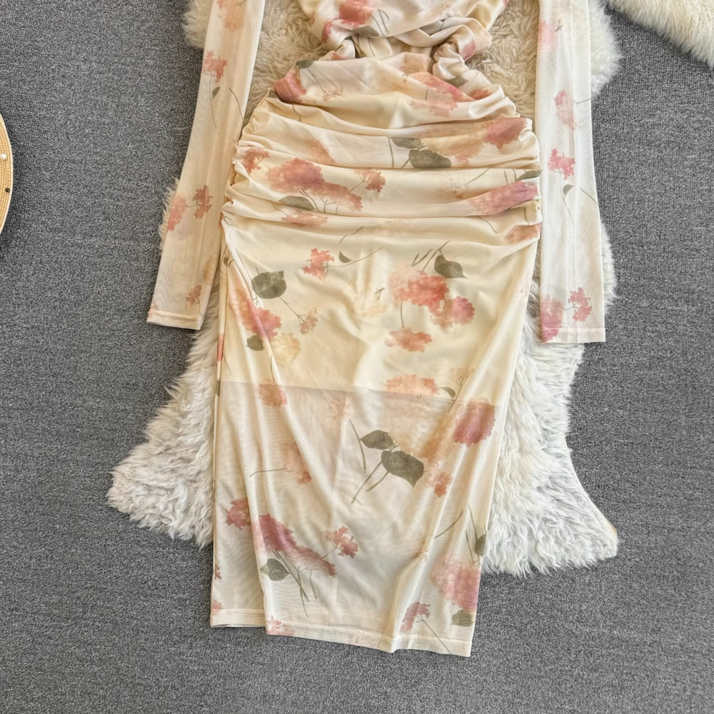 Elegant  V-neck twist mid-length printed casual dress for autumn YM841