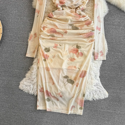 Elegant  V-neck twist mid-length printed casual dress for autumn YM841