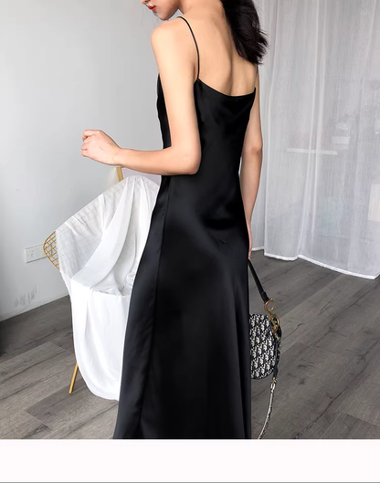 Black Spaghetti Straps Satin Long Party Dress Birthday Dress YM2436