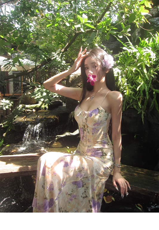 Classy Straps Print Floral Mermaid Prom Dress Long Party Dress YM1989
