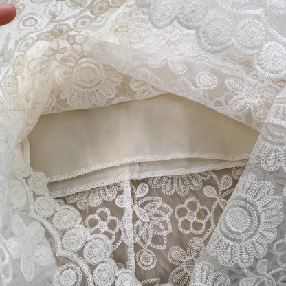 Bubble Short Sleeve Round Neck Embroidered Lace Dress YM285