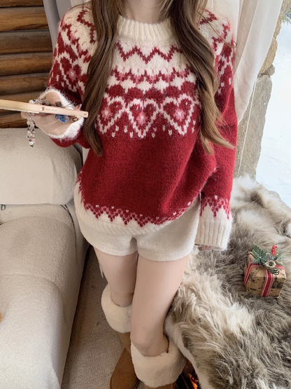 Vintage Red Jacquard Crew Neck Long Sleeves Sweater YM1813