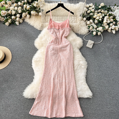 Women's elegant long sequin suspender dress YM1149