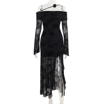Charming Off The Shoulder Black Side Slit Long Holiday Dress Birthday Dress YM2220