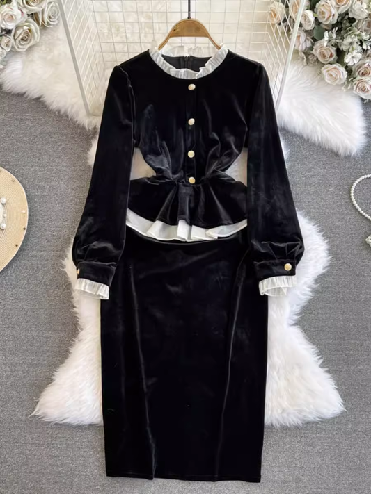 Women's fake two piece round neck velvet dress YM1025