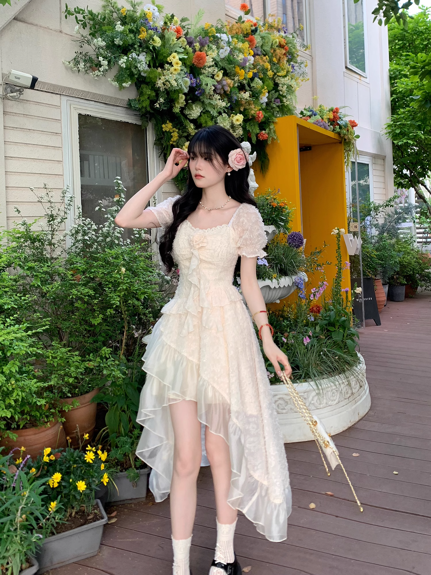 Classy Apricot Tulle Flower Ruffles Long Prom Dress Party Dress YM2051