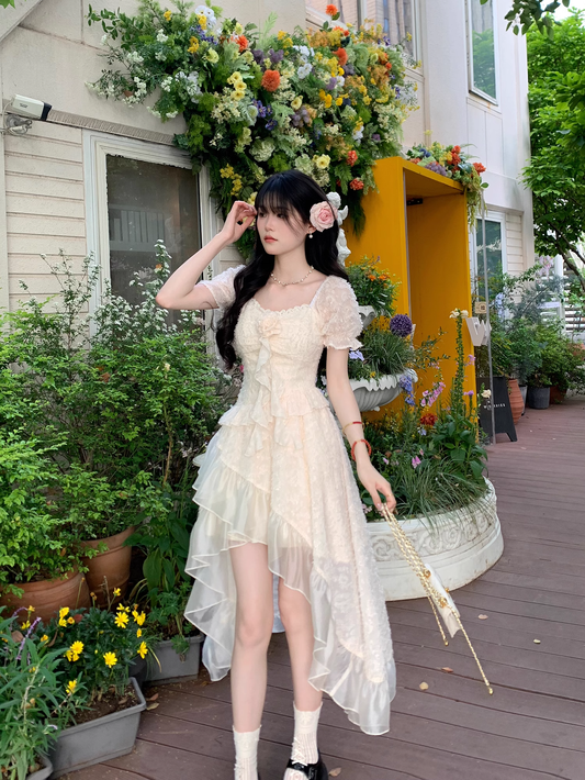 Classy Apricot Tulle Flower Ruffles Long Prom Dress Party Dress YM2051