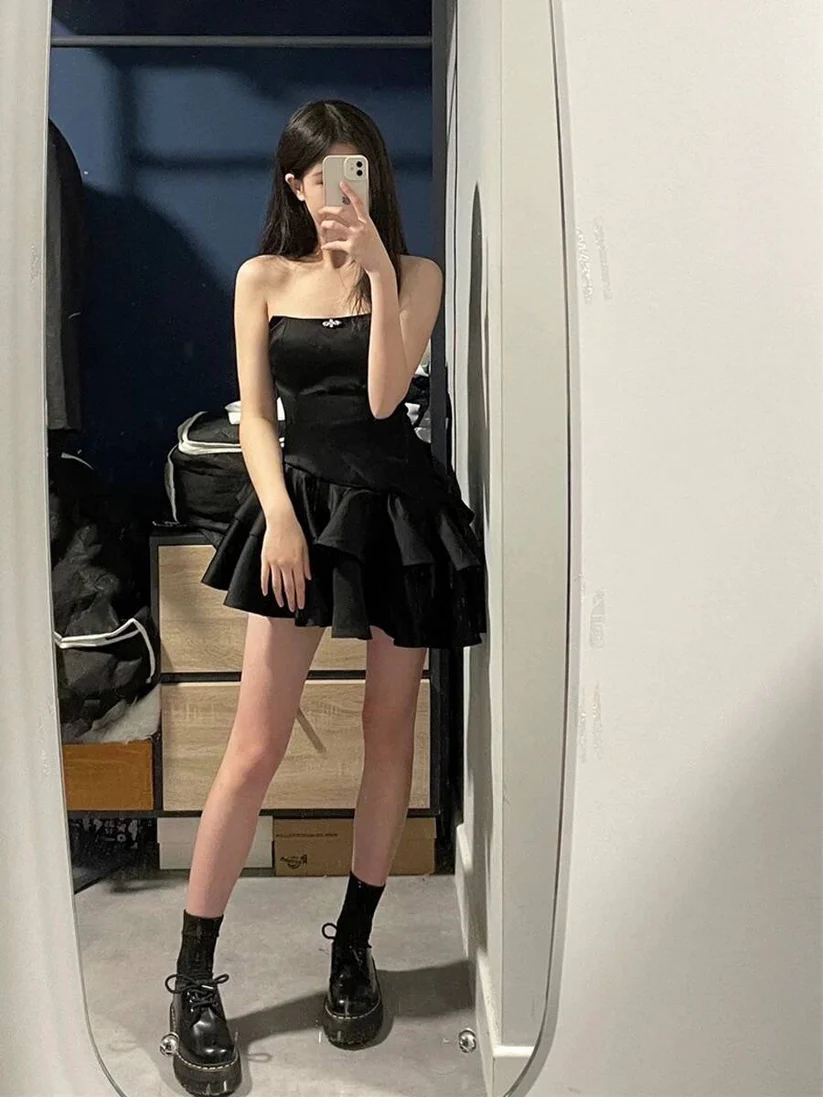 women's black irregular puffy short dress YM728 – ymprom