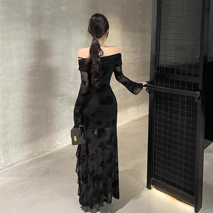 Charming Off The Shoulder Black Side Slit Long Holiday Dress Birthday Dress YM2220